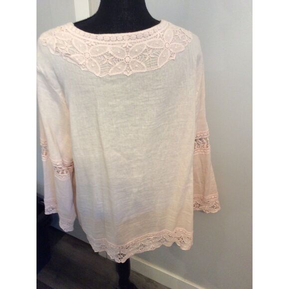 Pink romantic Lace Linen blend Tunic V Neck Plus size 2X - Picture 4 of 6